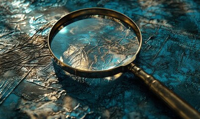 Elegant close-up of a magnifying glass resting on a textured blue background, with intricate details catching the light, exuding curiosity