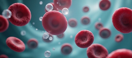 Close-up portrait of diverse red and defending white blood cells within dynamic swirls of plasma