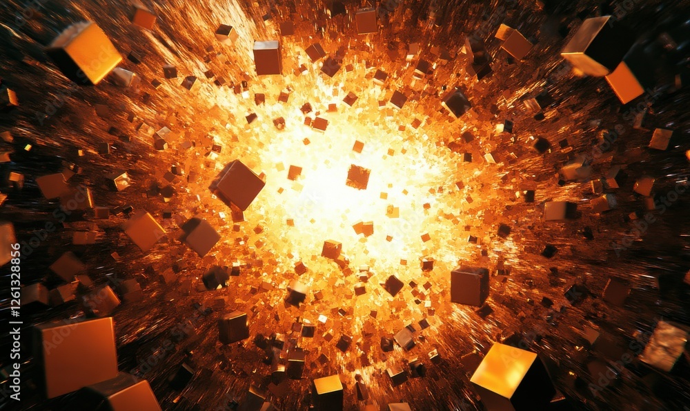 Fototapete chaotic particles in an abstract 3d rendering. flying cubes in a void. dynamic structure. futuristic