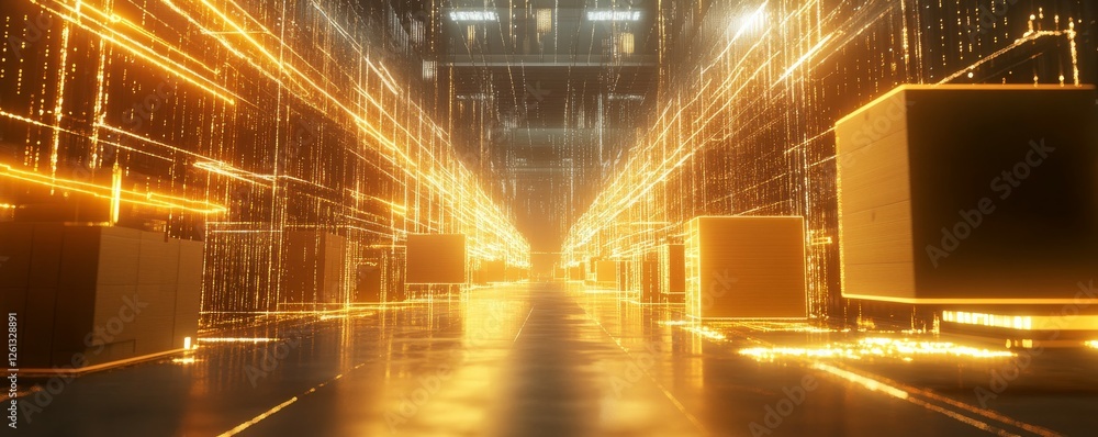 Poster illuminated warehouse with digital data streams. virtual reality scene of boxes and forklifts in mot