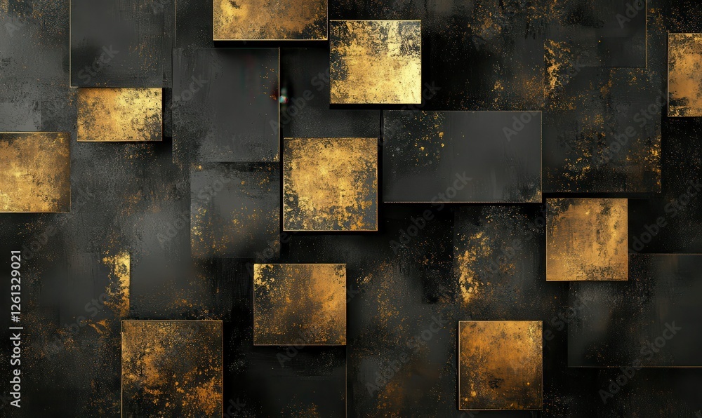 Poster an elegant backdrop with abstract squares in black and gold, suitable for modern design work.