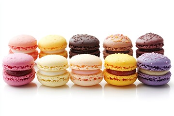 Obraz premium Colorful macarons standing in a row on white background