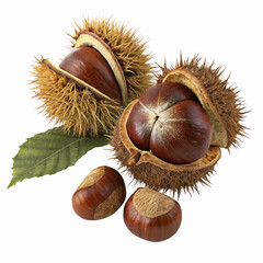 Fresh Brown Chestnuts Inside Spiky Husk with Green Leaf Isolated on Transparent Background for Food Uses