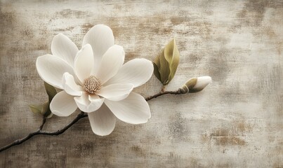 Naklejka premium Elegant white magnolia blossom in full bloom, placed on a textured wooden background, illuminated by soft, warm lighting, symbolizing purity and grace