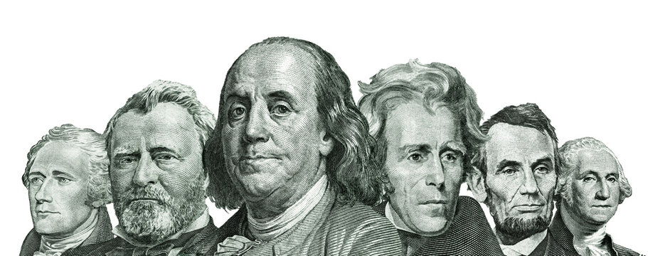 Close-up Of United States Paper Currency Presidents Isolated On White Background	