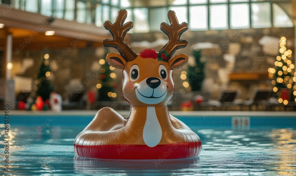 Poster an inflatable reindeer pool float, decorated for christmas, floats in a pool with a resort scene beh