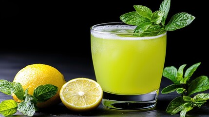 Fototapeta premium Refreshing mint lemonade drink on dark background
