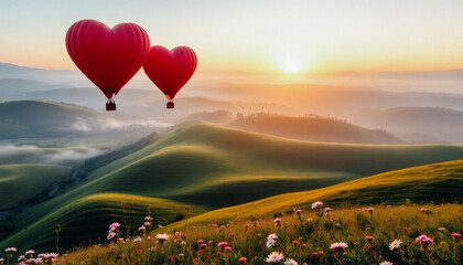Fototapeta premium A red heart-shaped hot air balloon floating over rolling green hills at sunrise, surrounded by mist and wildflowers