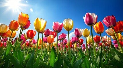 Captivating tulip bloom celebration tulip field nature photography vibrant environment bird's eye view multicolored spectacle