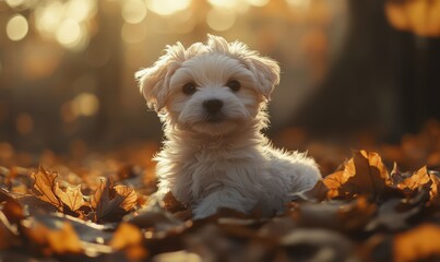 Fluffy puppy sitting in golden autumn leaves, its fur illuminated by the soft glow of sunlight, creating a heartwarming moment of innocence