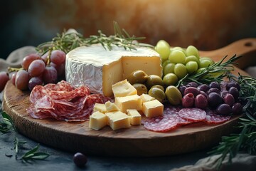 Rustic cheese board with salami, olives, and grapes