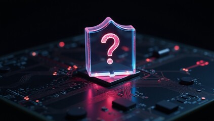 Futuristic circuit board features a glowing shield emblazoned with a question mark symbolizing the enigmatic threats posed by modern cybersecurity