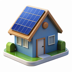 Small Blue House With Solar Panels On Roof Lawn And Bushes Sustainable Energy Concept