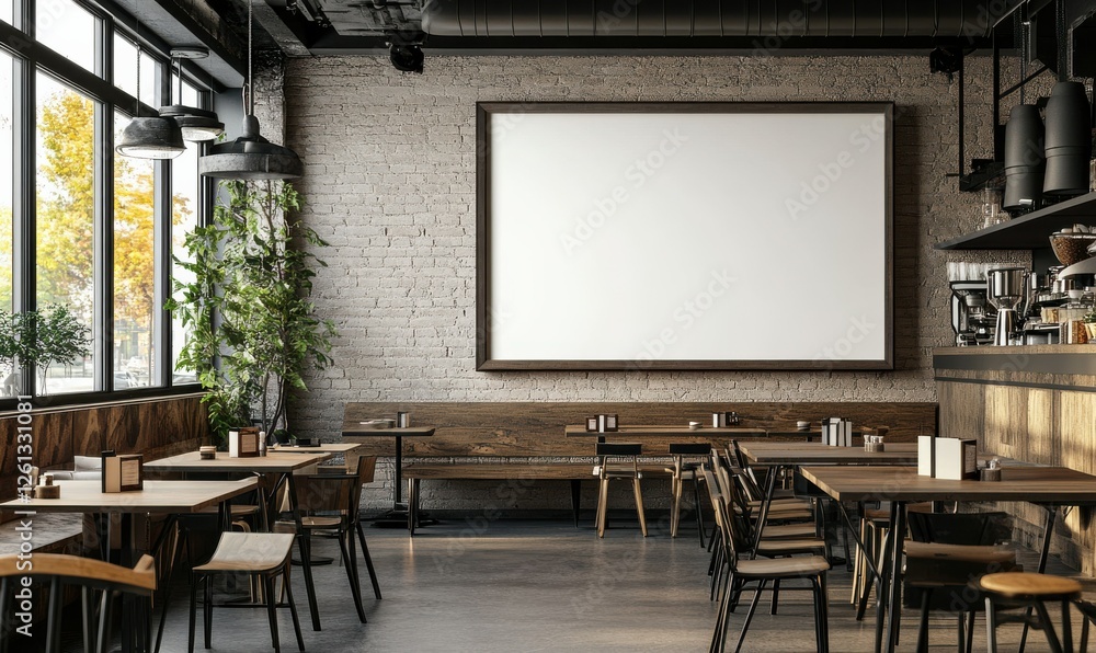Poster an oversized, empty picture frame mockup displayed in a cafe with a rustic industrial design.