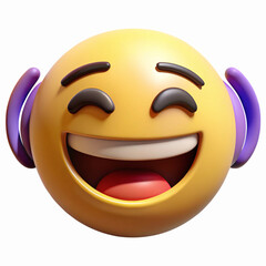 Smiling Yellow Emoji with Purple Headphones Expressing Joy and Laughter on Transparent Background