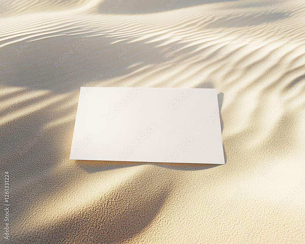 Poster a blank white sheet of paper placed on a sandy surface, with soft shadows, symbolizing space for cre