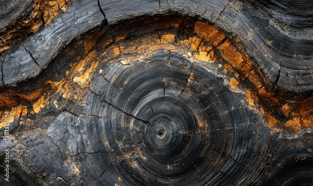 Poster an up-close image of a tree trunk's cross-section, showcasing concentric rings and a fractured surfa