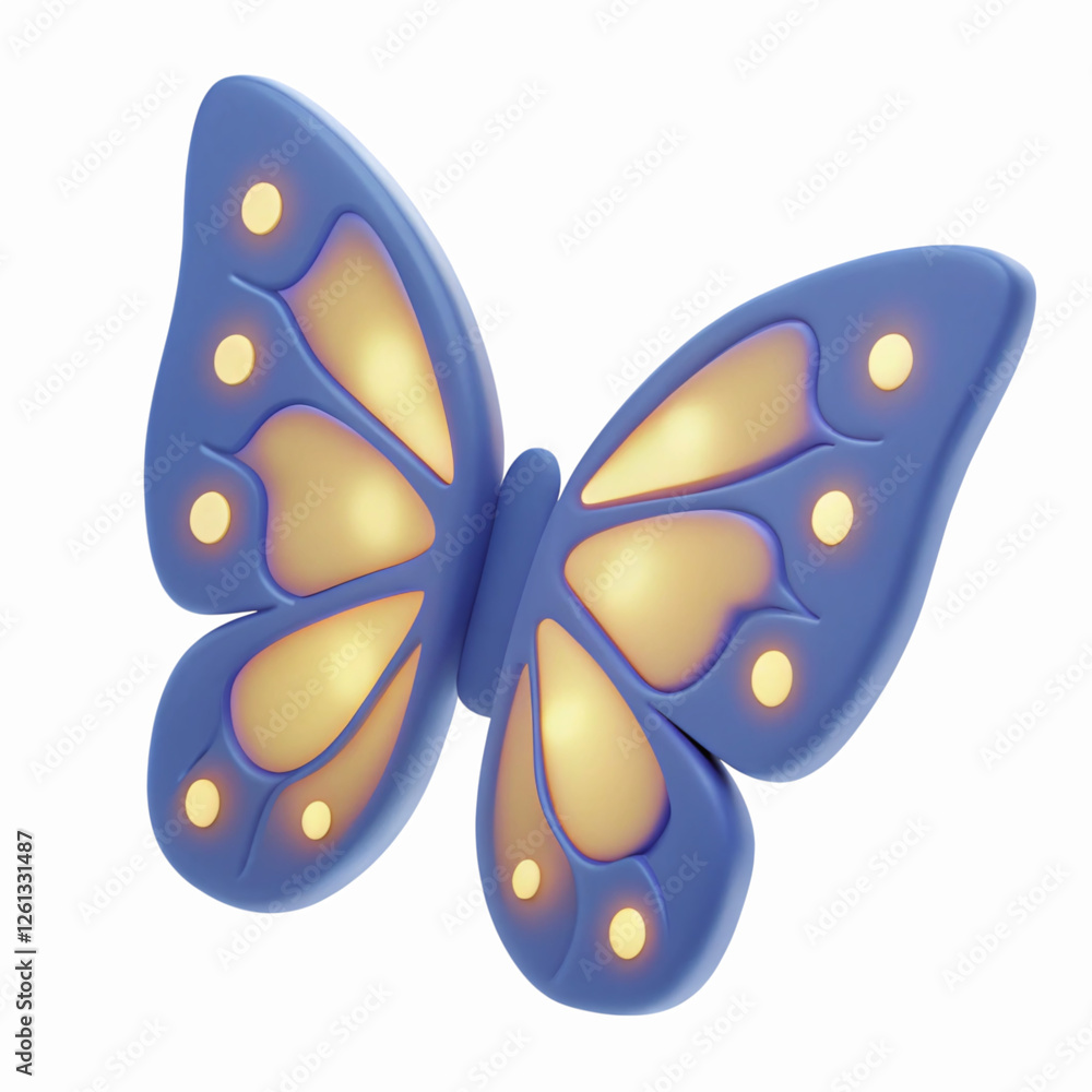 Poster blue butterfly with glowing yellow patterns and smooth 3d design on transparent background