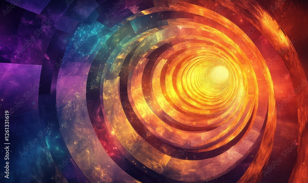 Poster colorful abstract tunnel with glowing lights and geometric patterns in a modern design.