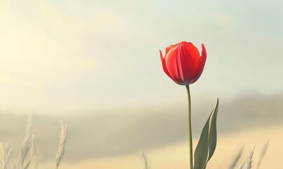 Classic red tulip in full bloom against a soft pastel background, capturing delicate simplicity.