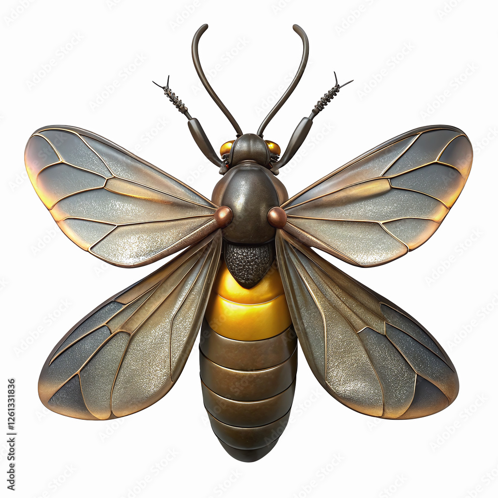 Poster metallic robotic firefly with detailed wings and golden glow on transparent background for tech desi