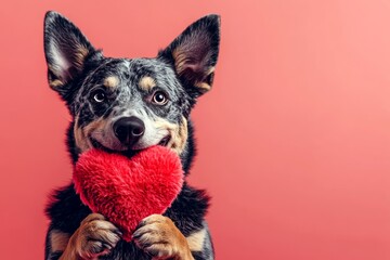 Cute australian cattle dog with fluffy red heart - sign of love, funny greeting card. Commercial conceptual art. Australian cattle dog - my preferred dog. Romantic dog valentines.
