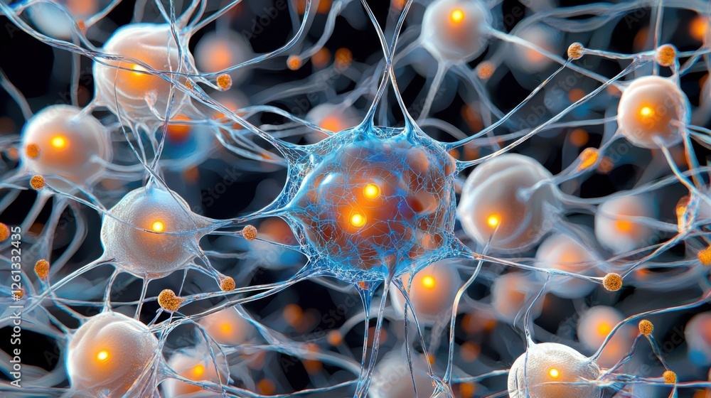 Poster interconnected digital brain with glowing nodes and neural pathways