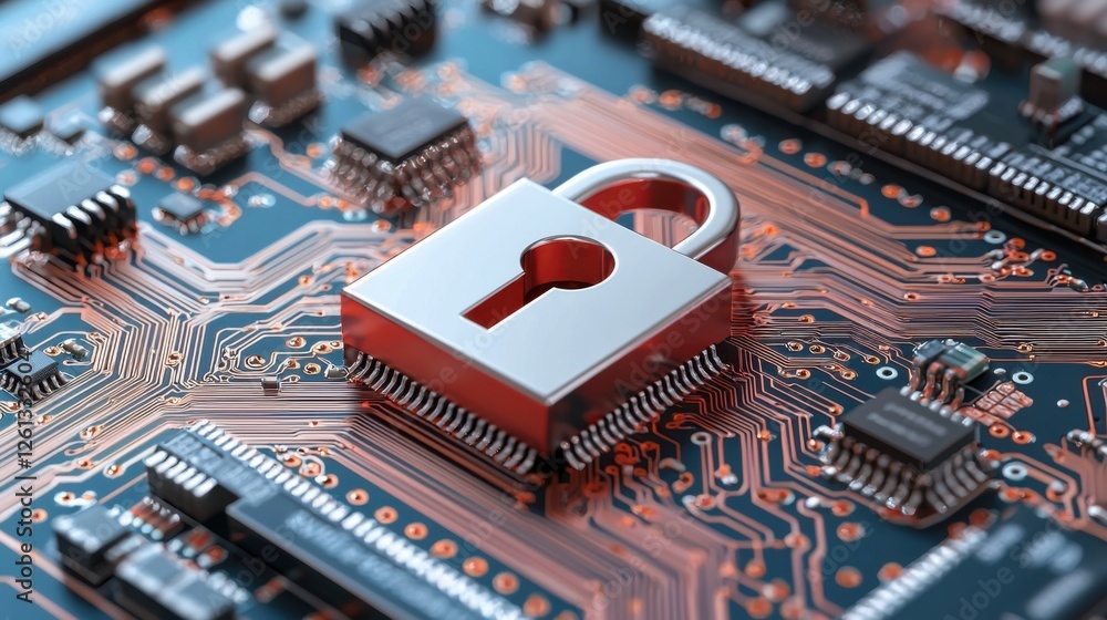 Poster digital security icon with lock on computer circuit board background