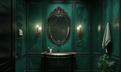 Elegant restroom with ornate mirror and rich green wall paneling in a cozy setting