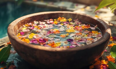 Ayurvedic herbal bath with floating petals and oils in a rustic spa, relaxation, rejuvenation