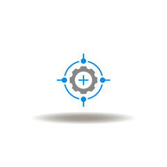 Vector illustration of aim with gear wheel and plus sign. Symbol of calibration.