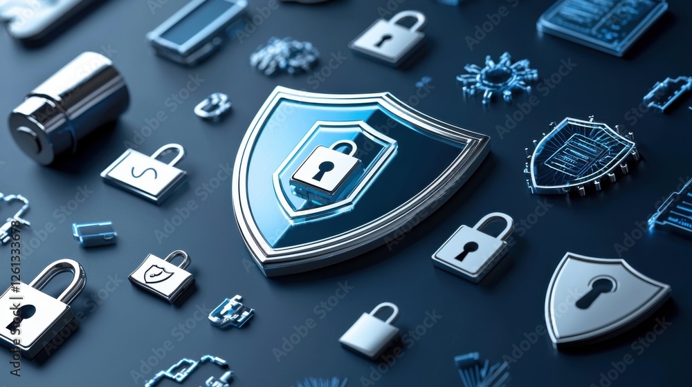 Poster digital security interface with high-tech shield and lock icons