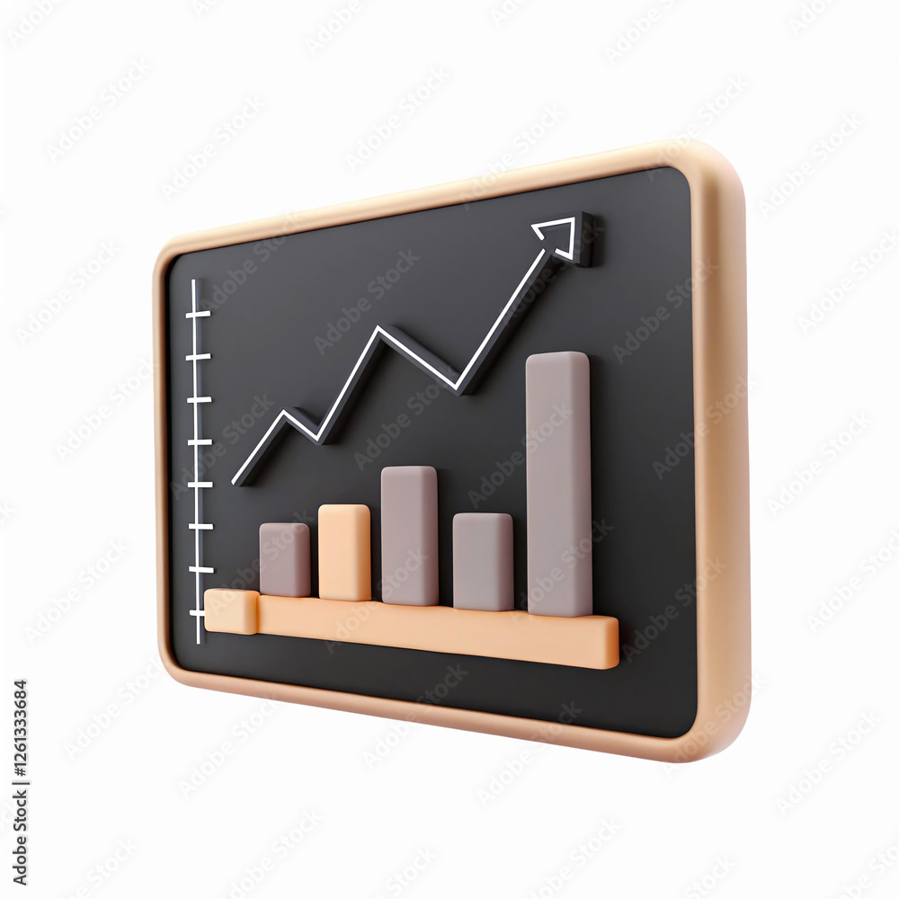 Poster 3d bar graph chart on black board with growth line arrow for business data analysis and financial tr