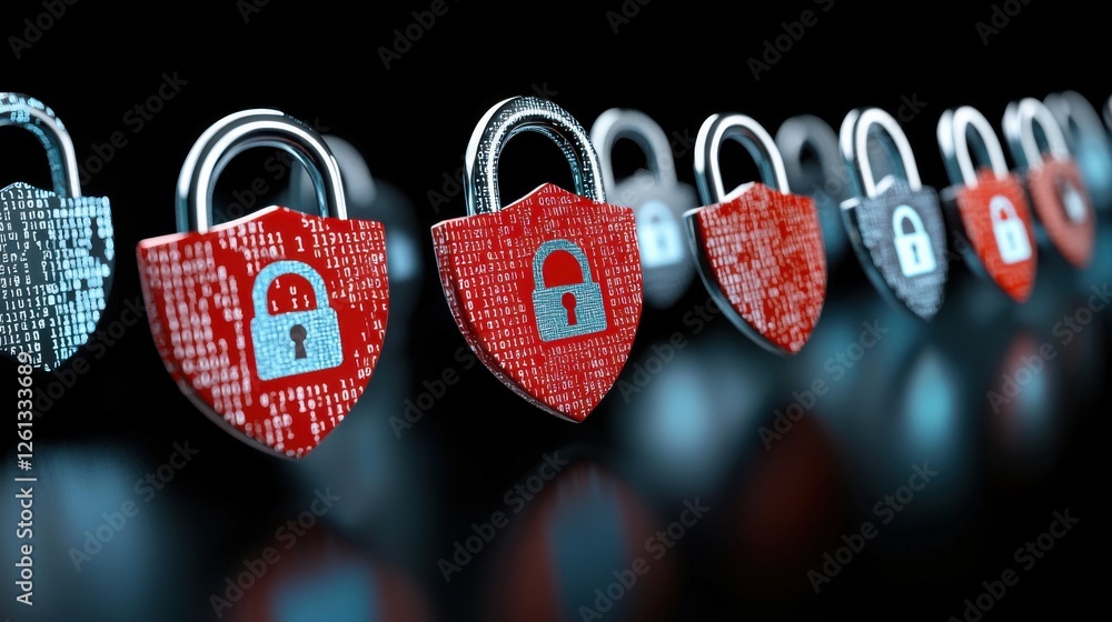 Poster digital security interface with lock and shield symbols in technology