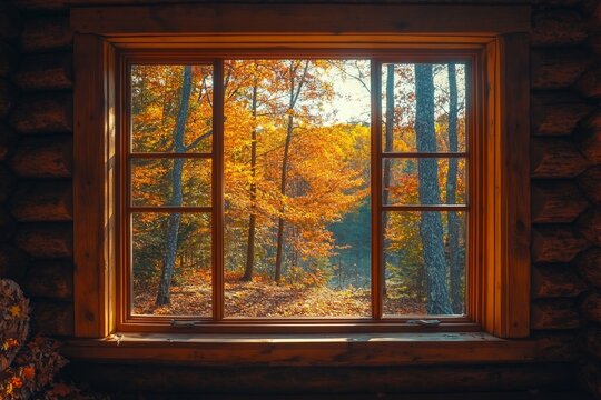 Fototapeta Autumn forest view from cabin window