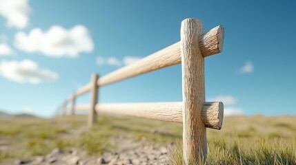 Obraz premium Lonely Wooden Fence Dividing Open Landscape Under Clear Blue Sky