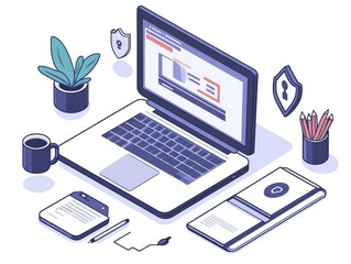 Secure Remote Work Setup with Laptop and Cybersecurity Focus