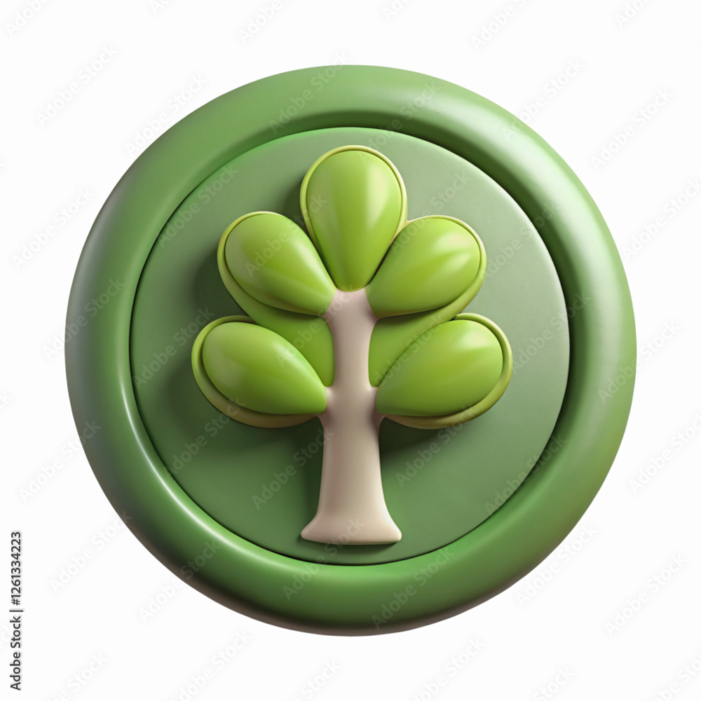 Poster green circular icon of three dimensional abstract tree symbol with smooth branch and leaf design