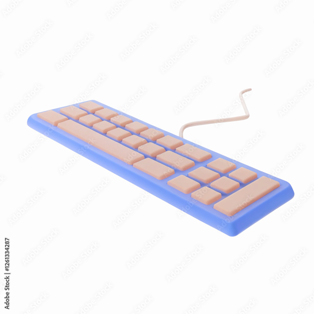 Poster minimalist light blue keyboard with beige keys and curved wire on transparent background for tech de