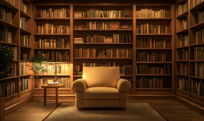 Cozy library corner with wooden bookshelves, warm lighting, and a comfortable armchair, inviting a moment of quiet reflection.