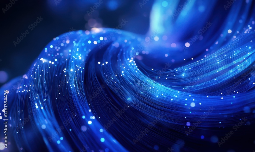 Poster abstract network of luminous blue particles interconnected by glowing lines, suspended in a futurist