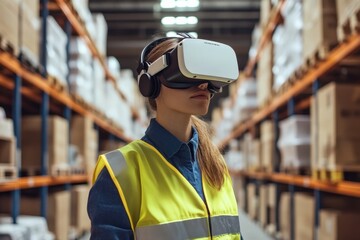Warehouse worker wearing virtual reality headset and exploring digital twin of storage