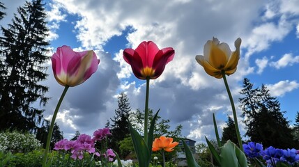 Obraz premium Vibrant tulips and flowers in bloom against cloudy sky