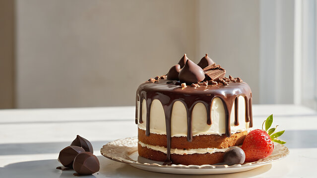 A delectable layered cake decorated with drizzled chocolate ganache and fresh strawberries, perfect for celebrations, recipes, or food blogs. Captures the essence of sweetness and elegance in desserts