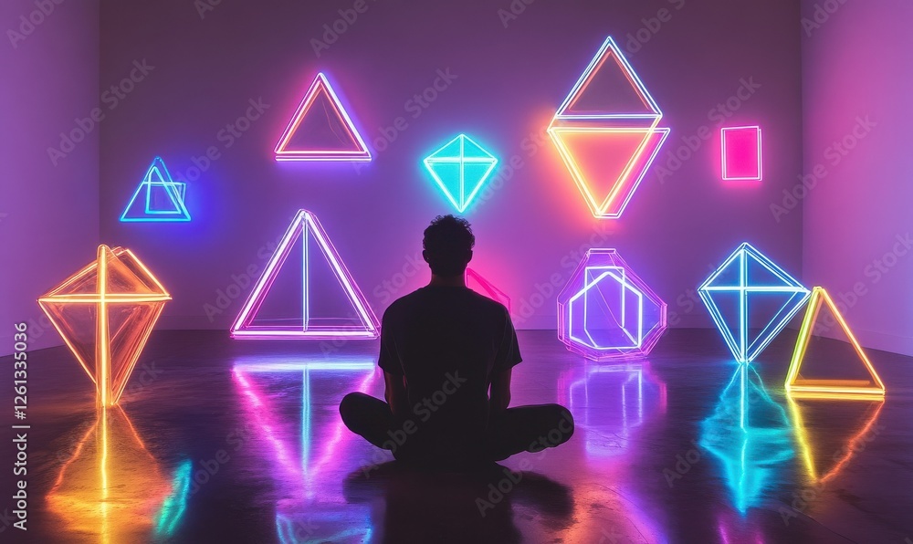Poster craft a visually striking image featuring a panoramic display of glowing neon-hued geometrical forms