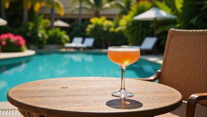 Summer cocktail at luxury resort poolside served on wooden table