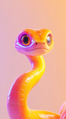 Fototapeta premium Glossy 3D-rendered cartoon snake with large expressive eyes, featuring vibrant orange, pink, and yellow scales against a soft gradient background, symbolizing creativity and fantasy