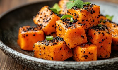 Fresh papaya pieces sprinkled with black sesame seeds arranged on a plate.