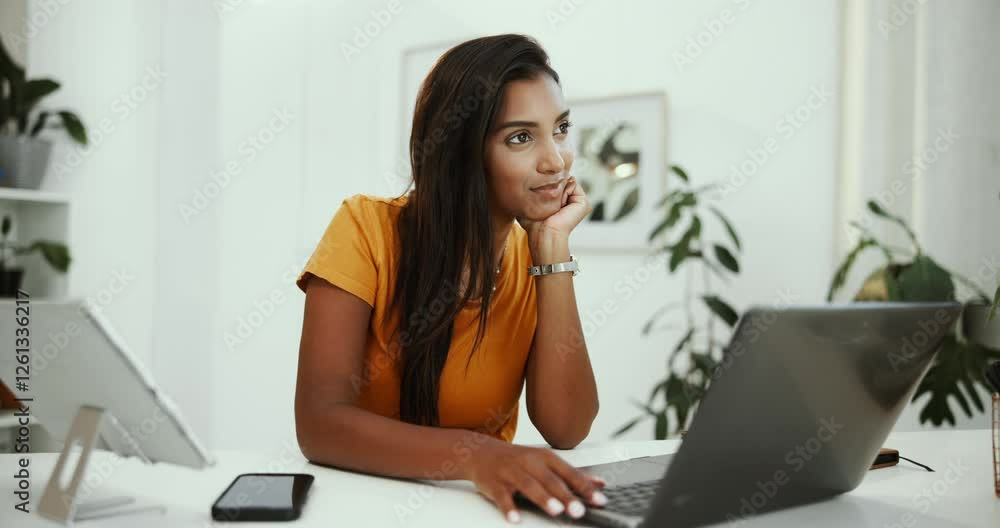 Leinwandbilder studying, student and woman with laptop, home and reading of assignment on web, digital or online co