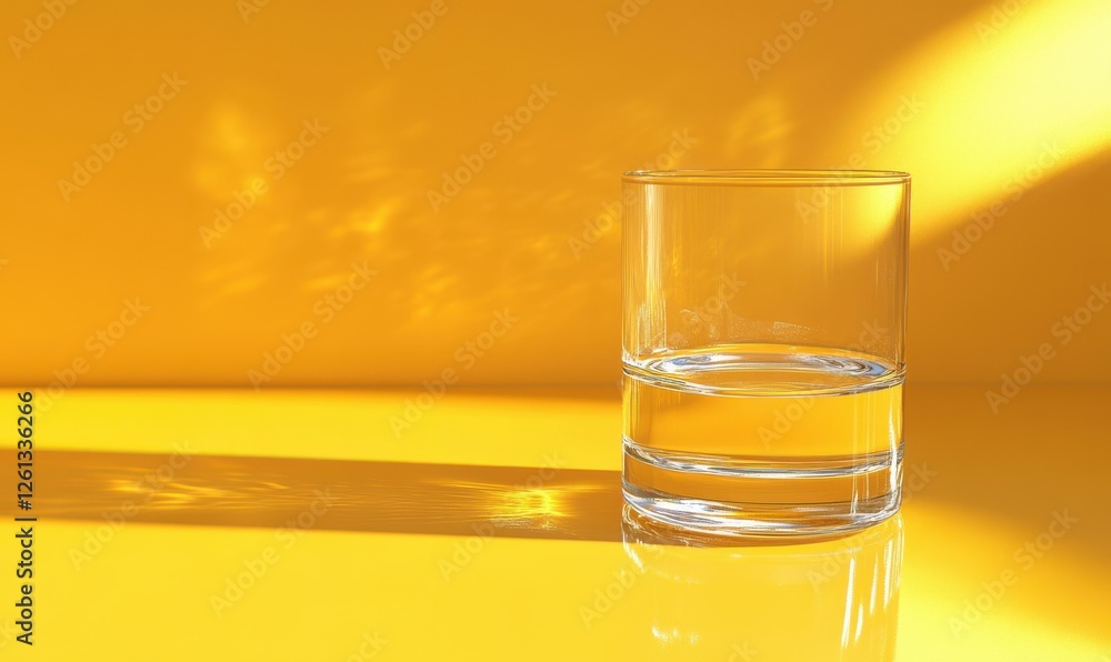 Poster glass of crystal-clear water on a vibrant yellow surface, with a subtle reflection and light refract